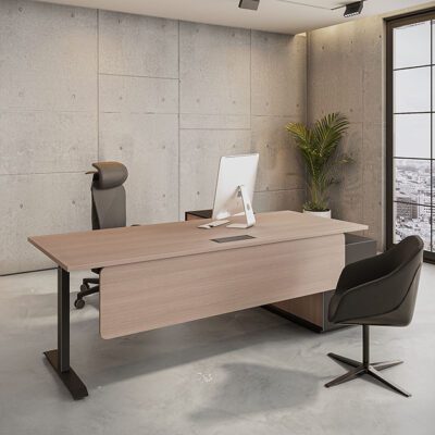 Modern executive office with light wood Office Table, concrete walls, ergonomic chair, and a plant by the window.