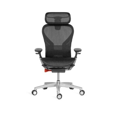 A modern, ergonomic office swivel chair shown in profile against a white background. The chair features a high back and headrest made of black mesh material for breathability. It has adjustable black armrests, an adjustable lumbar support mechanism (indicated by an orange lever near the base), and a silver/light gray frame supporting the seat and five-star base with casters.