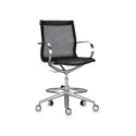 Black mesh drafting chair bar stool with silver metal frame, armrests, foot ring, and five wheels.