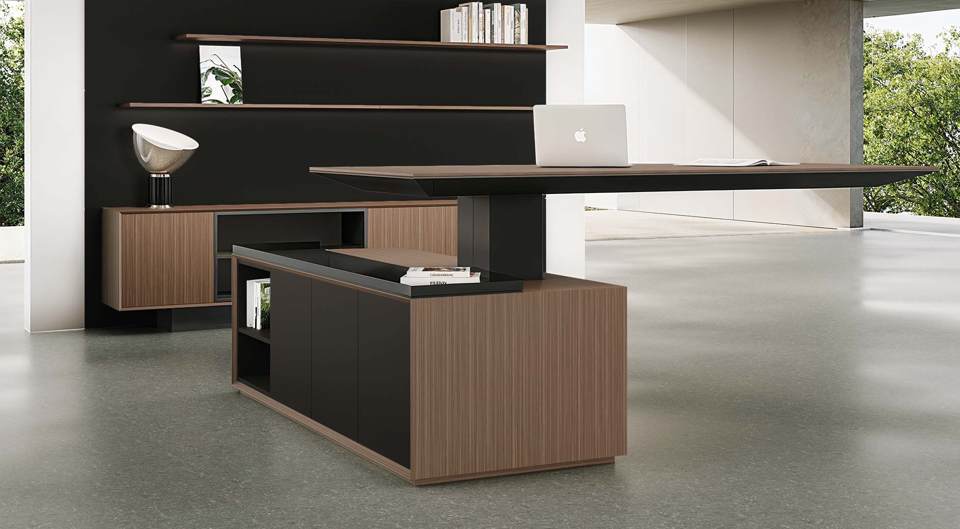 Floating wood and black Height Adjustable Desk with integrated storage, a laptop, and a matching shelving unit.