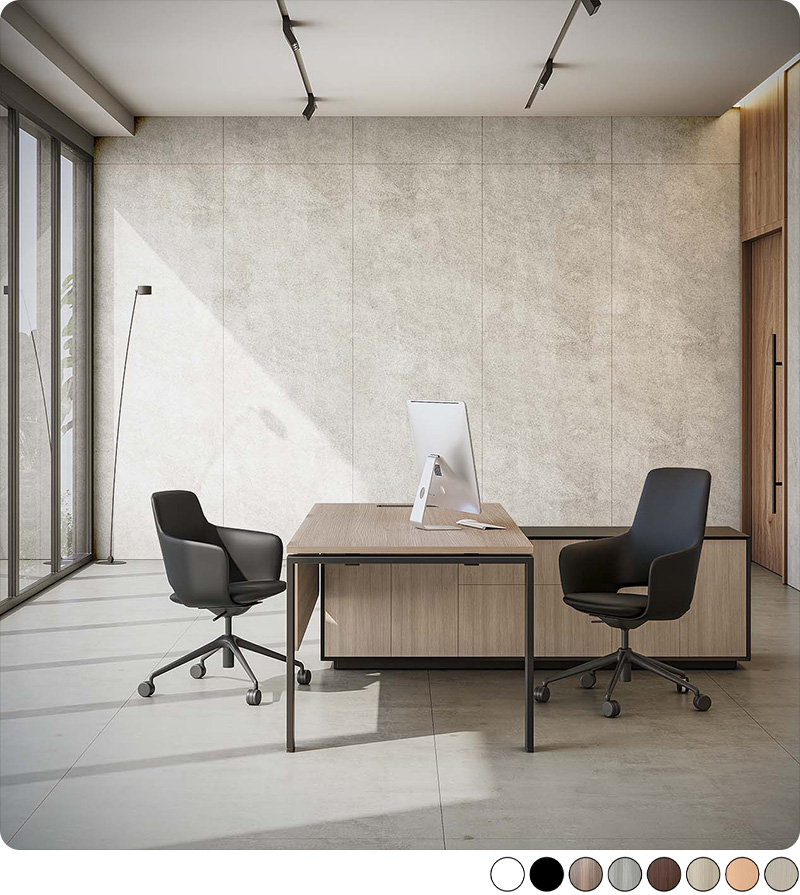 Minimalist private office with light wood desk, concrete wall, and two modern black Ergonomic chair seating options.